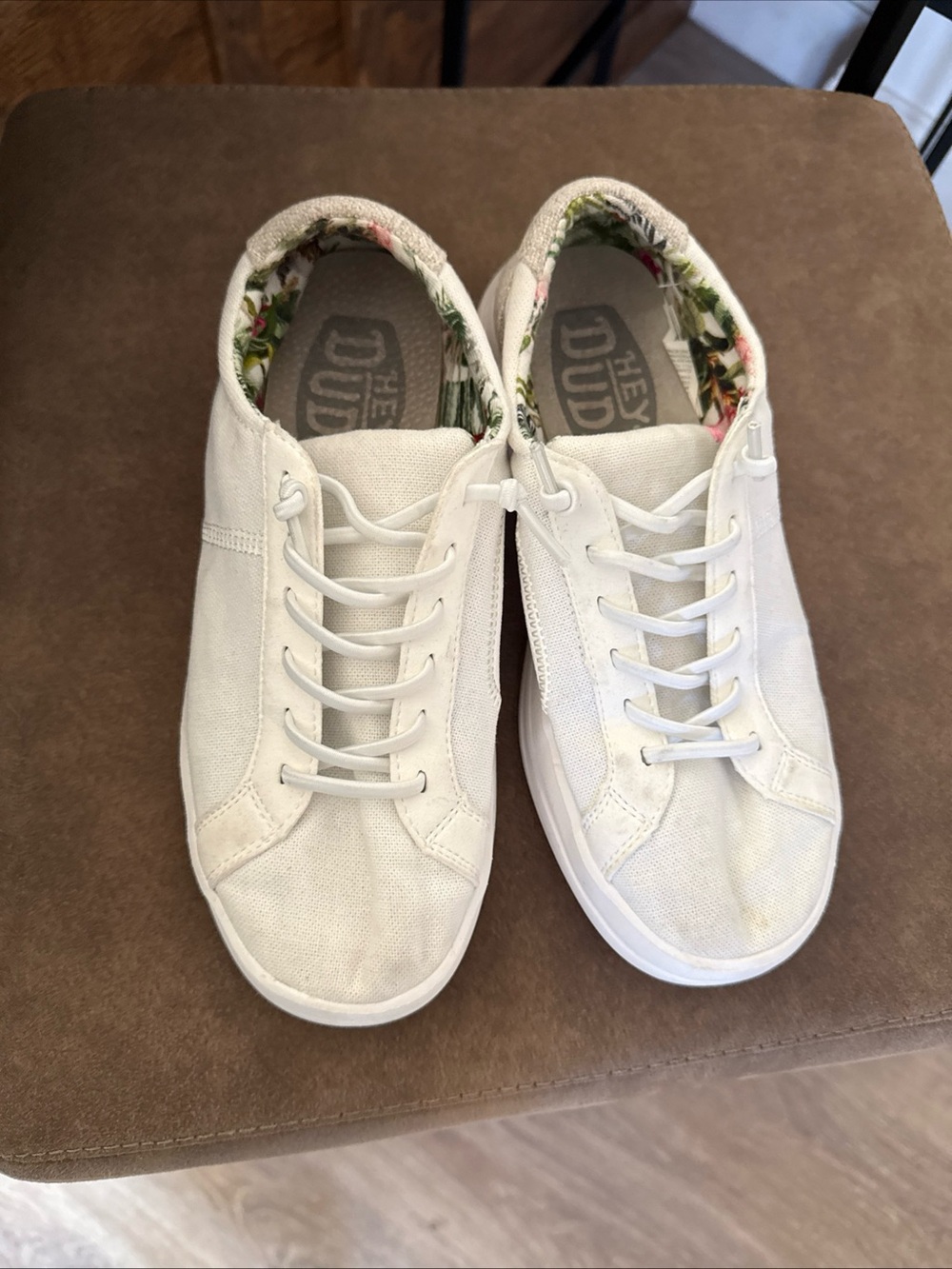 Hey Dude Women's Cream Canvas Sneakers with Floral Lining Katina Coconut size 5